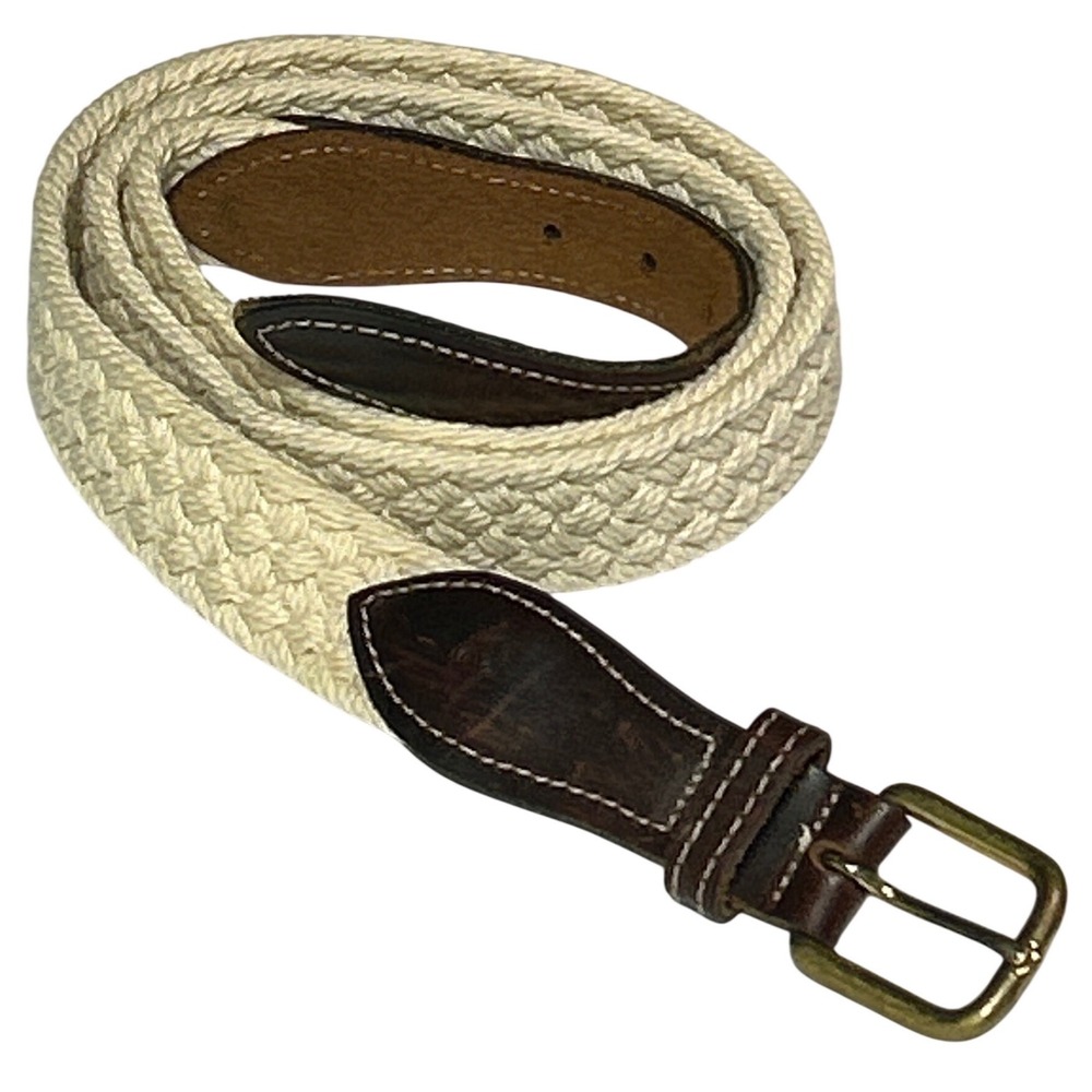 VTG Dockers Woven Rope Belt Cream Brown Leather Brass Buckle USA Made 37"-41"